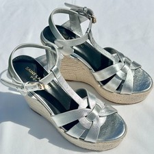 Sandali con zeppa Saint Laurent Tribute espadrillas YSL argento metallizzato NUOVI Italia 36