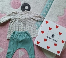 Completo Petit Bateau neonata 3 mesi 60 cm, in cotone vestito e pantaloni verdi 