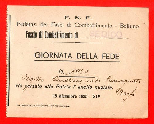 Ricevuta oro alla patria pnf - oro,
