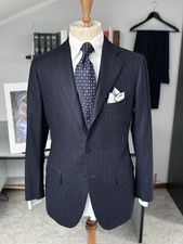 Cesare Attolini Suit Flannel Wool Chalk Stripe Navy Blue Size L 50 Man