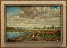 Dipinto Impressionista Paesaggio Con Mulino A Vento Intorno Al 1900 Firmato