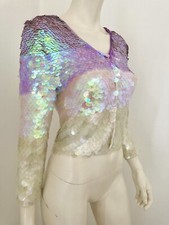 MOSCHINO Short Cardigan Jacket Vest Size S-IT42 Iridescent Graded Sequins Pink