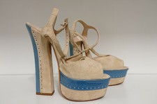 Sandali tacco alto e plateau camoscio colore beige e azzurro 36  tacco 15 cm