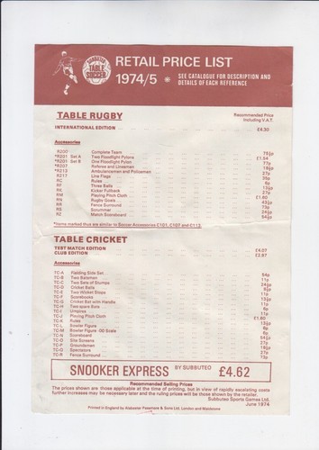 Subbuteo retail price - retail,