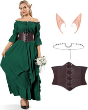 Vestito Medievale Donna, Costume Halloween Donna Con Corsetto, Orecchie Da Elfo,