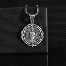 Collana Teschio Vegvisir Argento Sterling Ciondolo Bussola Vichinga Gotico...