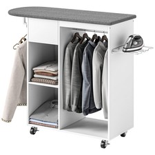 HOMCOM Mobile Asse da Stiro con Ruote, Barra Appendiabiti e Ripiani Bianco
