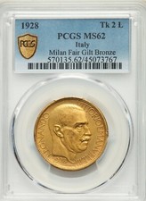 ITALIA, GETTONE 2 LIRE 1928 FIERA MILANO BRONZO DORATO PCGS MS 62 (15A), RARO