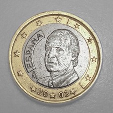Moneta 1 euro Spagna 2003 Juan Carlos, con errori di conio. 