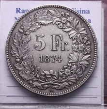 NL* SVIZZERA HELVETIA 5 FRANCHI ARGENTO 1874 B MOLTO RARA splendida conservazion