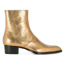 Mens Leather Knight Gold Pointy Toe Side Zipper Chelsea Boot Block Shoes