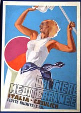 BOZZETTO MANIFESTO ITALIA COSULICH FLOTTE RIUNITE S.T.N. CROCIERE MEDITERRANEE