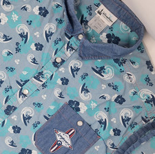 Disney Parks Camicia Uomo XL Blu Topolino Surf Longboard Hawaiano Floreale Perla Snap