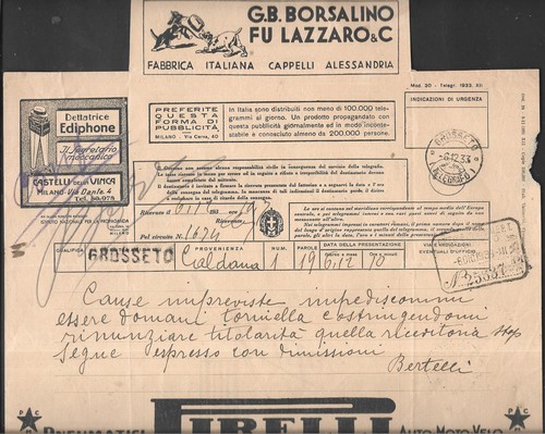 1933 telegramma pubblicitario - 1933,
