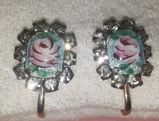 Vintage Enameled Rose Flower Guillochet Earrings Rhinestones Dainty Screwback