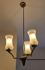 LAMPADARIO SOSPENSIONE  VINTAGE ITALIAN DESIGN VETRO ACCIAIO SATINATO 3 BRACCIA