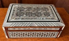 Egyptian Wood and Mother of Pearl Mosaic Inlaid Trinket Jewellery Box Rectangle