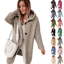 Cardigan Lungo Donna Inverno Cappuccio Maglione Largo Manica Lunga Casual