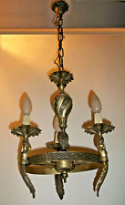 Raffinato antico lampadario bronzo dorato 3 luci con cariatidi ideale per studio