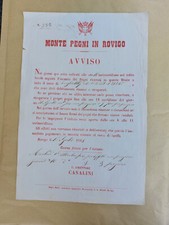 1868  MANIFESTO  AVVISO MONTE PEGNI ROVIGO  A. Minelli cm. 22,5 x 34 POLESINE