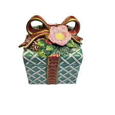 Portagioie Fitz & Floyd Cottage Natale in ceramica verde e rossa con fiore rosa 