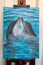 Quadro tela mare delfini originale quadro moderno onde sott'acqua pezzo unico