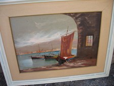 DIPINTO AD OLIO PAESAGGIO MARINO CON BARCHE - SU COMPENSATO FIRMATO "PARIS" 1950