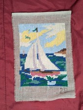 QUADRETTO MEZZO PUNTO NAVE MARE VINTAGE ANNI '60 DA INQUADRARE 23x15 cm