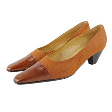 NEW Women brn Botticelli Lizard & Linen Canvas Heel Pumps 9 shoe ITALY SquareToe