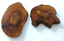 Coppia Set 2 Quadretti in Legno Intagliato a Mano con Gufo e Uccello Vintage