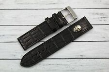 Cinturino Coccodrillo Nero Teschio Argento 22mm Hand Made Nuovo Unisex Cool
