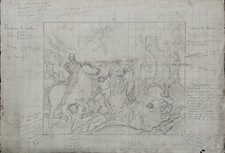 ANTICO DISEGNO a MATITA SU CARTA Studio di Battaglia con Figure Epoca primi 900