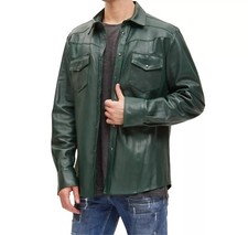 Camicia uomo 100% vera pelle di agnello verde maniche lunghe camicia chiusura...