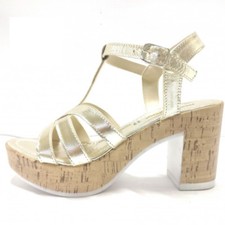 Sandalo Donna Tacco Largo 85 Vera Pelle Plateau Finto Sughero Fibbietta nero oro