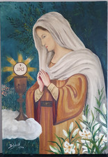Vecchio dipinto religioso  olio su tela Maria in adorazione dell'Eucaristia '40