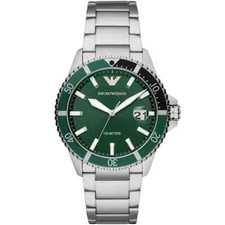 Emporio Armani Mens Watch DIVER AR11338 Stainless Steel Silver & Green Tone 42mm
