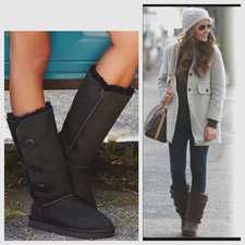 Stivali UGG Classic Bailey Button Triplet taglia 6 pelle di pecora shearling nero alti con