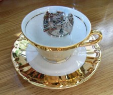 Tazza e piattino souvenir Londra in porcellana placcato oro 18 kt - Piccadilly Circus 