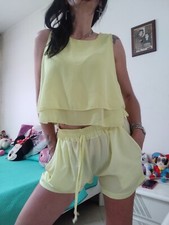 Completo Set 2 Pezzi Donna Pantaloncini Shorts E Top Largo Giallo Zuiki S M...