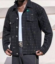 Giacca Jeans Uomo Lusso Diamante Strass Denim Nero Nuova Alta Qualità