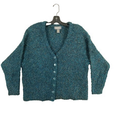 Vtg Cardigan Women 14/16 Green Metallic Mohair Blend Relaxed Knit Garden Witch