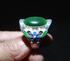 Rare Old Chinese Cloisonne Silver Inlay green Gem Flower Jewelry Figure Ring