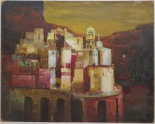 Dipinto olio Sushila Singh (1904-1999) ORIGINALE METÀ SECOLO ATRANI AMALFI ITALIA