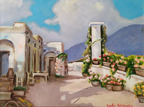 Vecchio dipinto olio tavola - su,