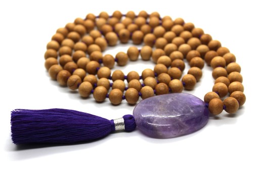 Amethyst white sandalwood mala - amethyst,