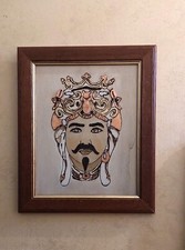 Quadretto In Pirografia Testa Di Moro Foglia D'argento , OroRame Esclusa Cornice