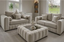Set Divano | 3+2 Posti | Giglio | Velluto Peluche Crema | Nuovo