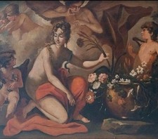 Antico Dipinto Olio Su Tela Mitologico '800 - Trionfo della Dea Flora - 88x68 Cm