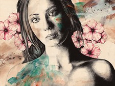 Ritratto espressivo femminile Disegno realistico a matita donna con fiori 80x60