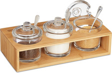 Barattoli Da Cucina in Vetro, Set Da 3, Base Bambù, Porta Spezie, Cucchiaio E Co